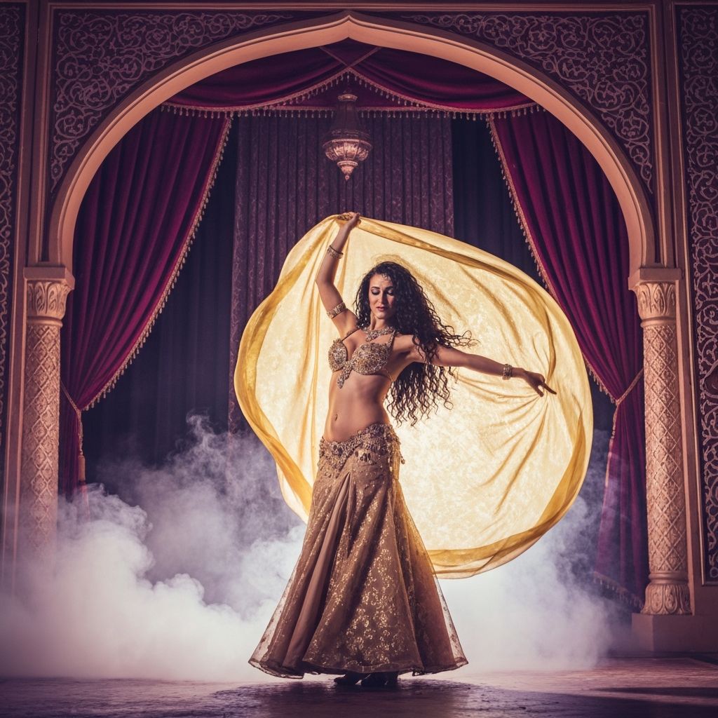Bailarina de danza oriental con velo dorado